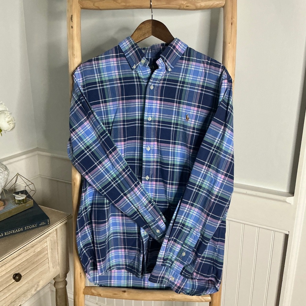 Ralph Lauren Mens Classic Fit Plaid Button Down Shirt Blue Pink Green Large